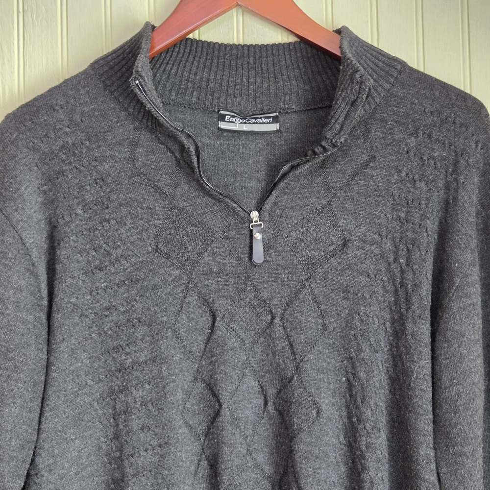Enzo Cavalleri Sweater Mens Large Gray Quarter Zip Mock Neck Knit Pullover